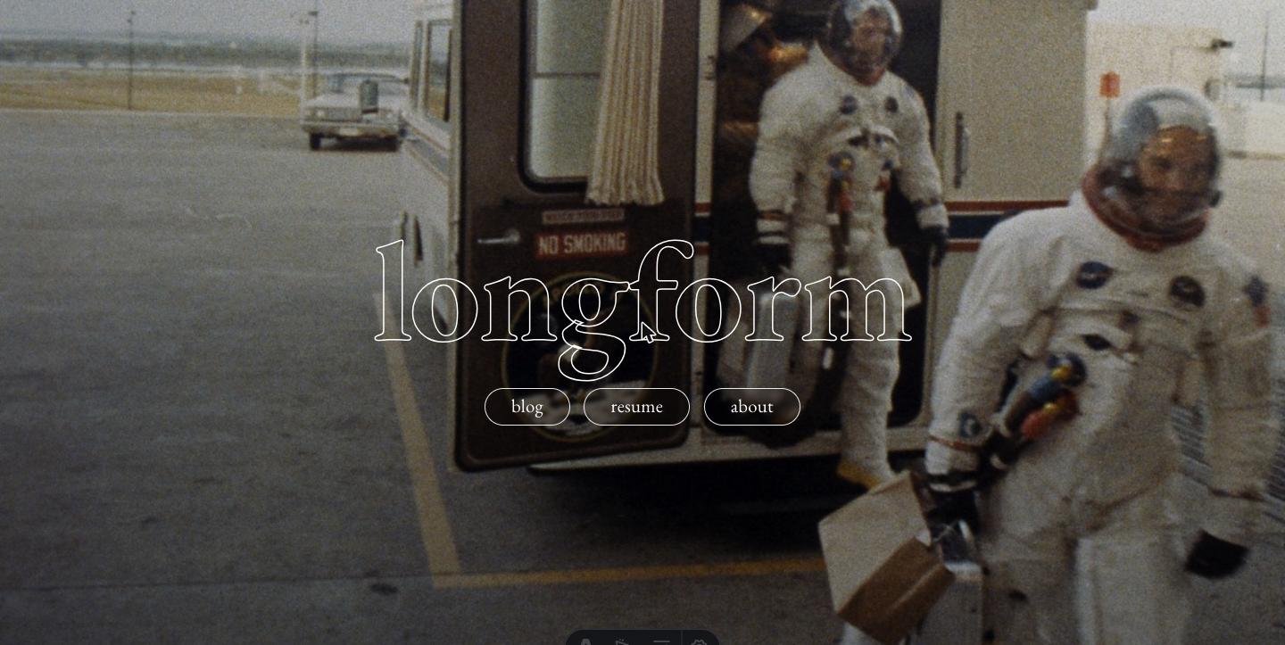 Desktop view of the previous hero homepage: the Apollo 11 crew stepping out of the transfer van, with 'longform' in hollow type and three nav buttons centered.